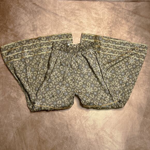 Vintage 70s High Rise Wide Leg Cropped Floral Print Bell Bottom Flare Pants Boho - Picture 7 of 10